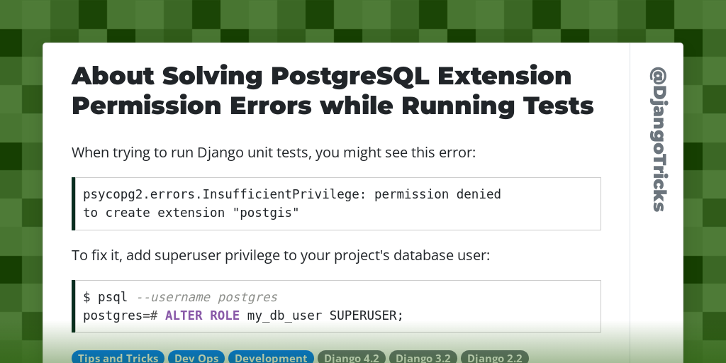 About Solving PostgreSQL Extension Permission Errors while Running Tests