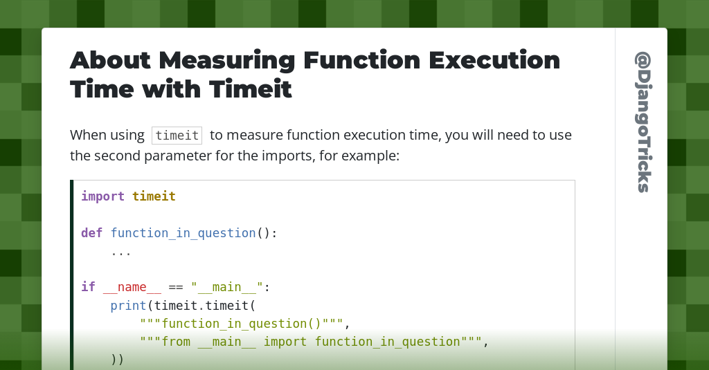 About Measuring Function Execution Time With Timeit DjangoTricks