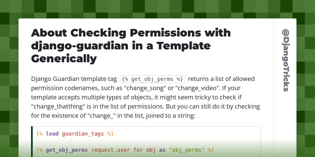 About Checking Permissions with django-guardian in a Template Generically